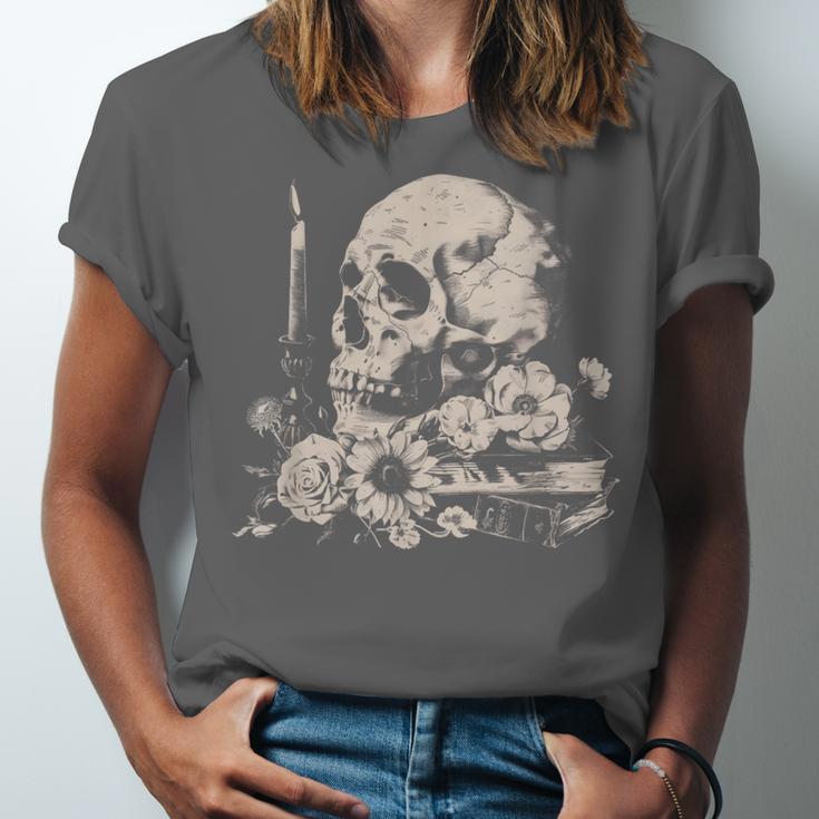 Skull Books Flowers Goth Reader Grunge Dark Alt Aesthetic Unisex Jersey T-Shirt