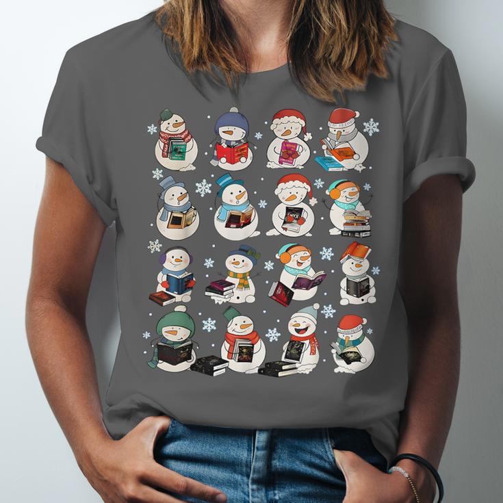 Snowman Reading Book Christmas Cozy Book Lover Bookish Unisex Jersey T-Shirt