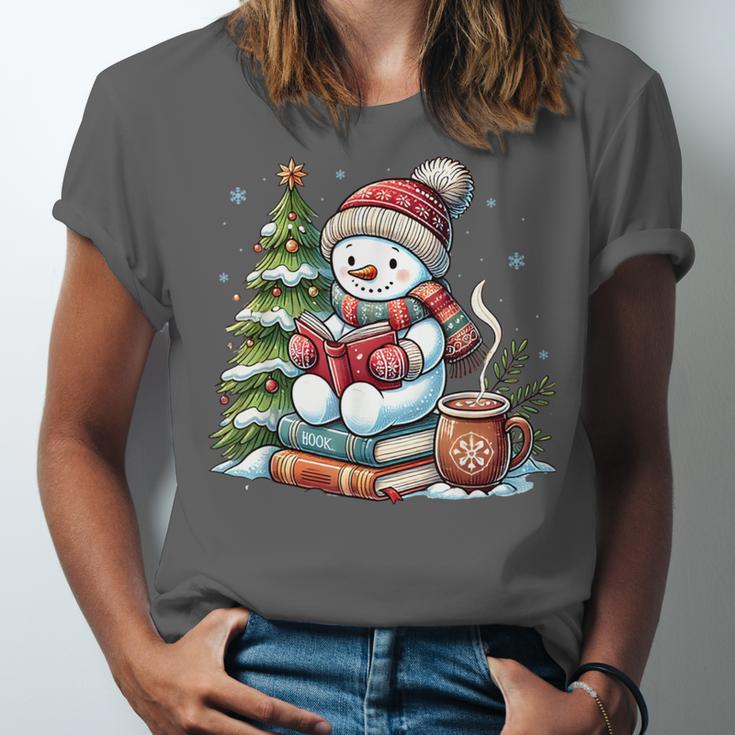 Snowman Reading Book Lovers Christmas Librarian Bookworm Unisex Jersey T-Shirt