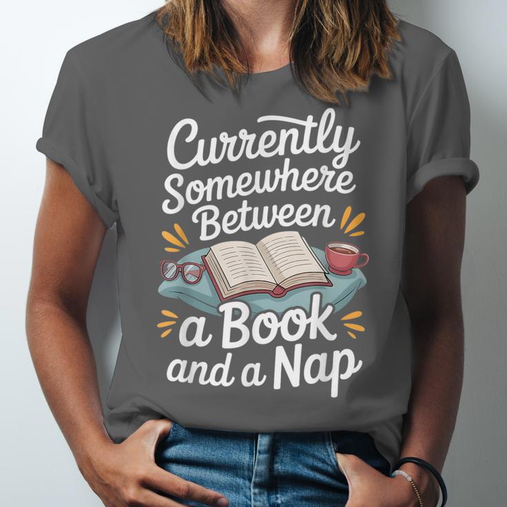 Somewhere Between a Book And a Nap – Cozy Reading Unisex Jersey T-Shirt