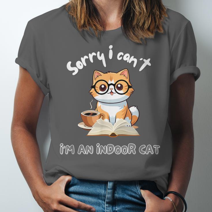 Sorry I Can't Indoor Cat Top For Introvert With Coffee Book For Men Women Kids Unisex Jersey T-Shirt