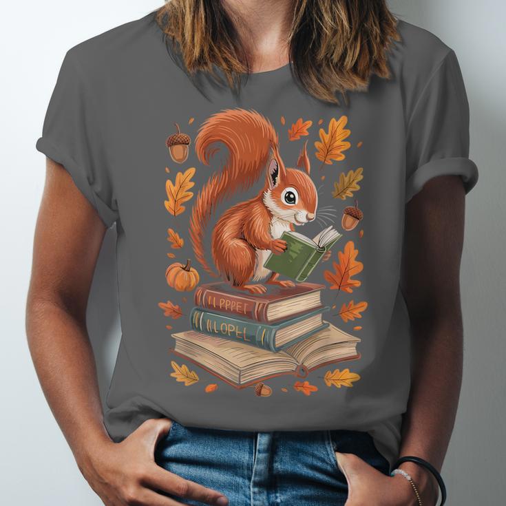 Squirrel Reading Book Lovers Fall Leaves Library Books Unisex Jersey T-Shirt