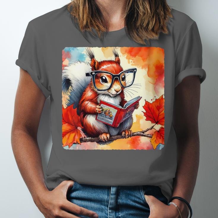 Squirrel Reading Comic Book On Autumn Branch Glasses Leaves Unisex Jersey T-Shirt Squirrel Reading Comic Book On Autumn Branch Glasses Leaves Unisex Jersey T-Shirt