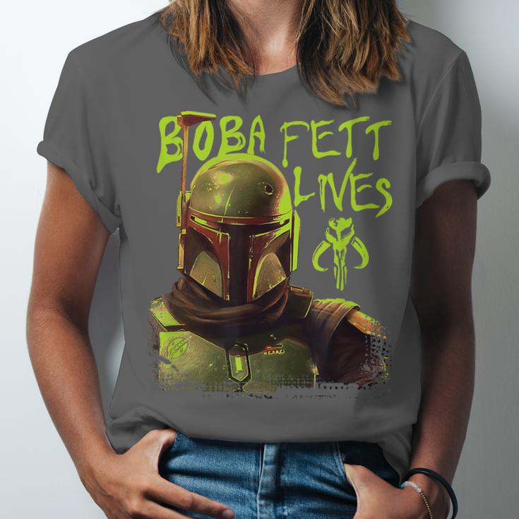 Star Wars The Book Of Boba Fett Neon Boba Fett Lives Poster Unisex Jersey T-Shirt
