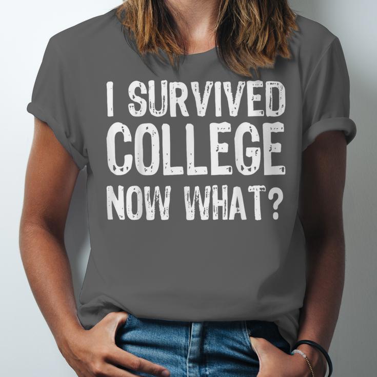 I Survived College Now What Graduate Graduation Humor Unisex Jersey T-Shirt