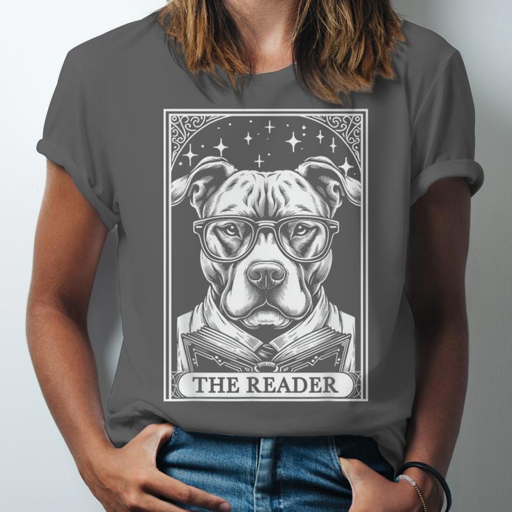 Tarot Card Vintage Pit Bull Pittie Dog Book Lover The Reader Unisex Jersey T-Shirt