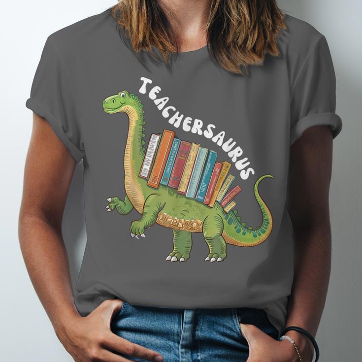 Teachersaurus Dinosaur Teachers Dino Reading Book Librarian Unisex Jersey T-Shirt