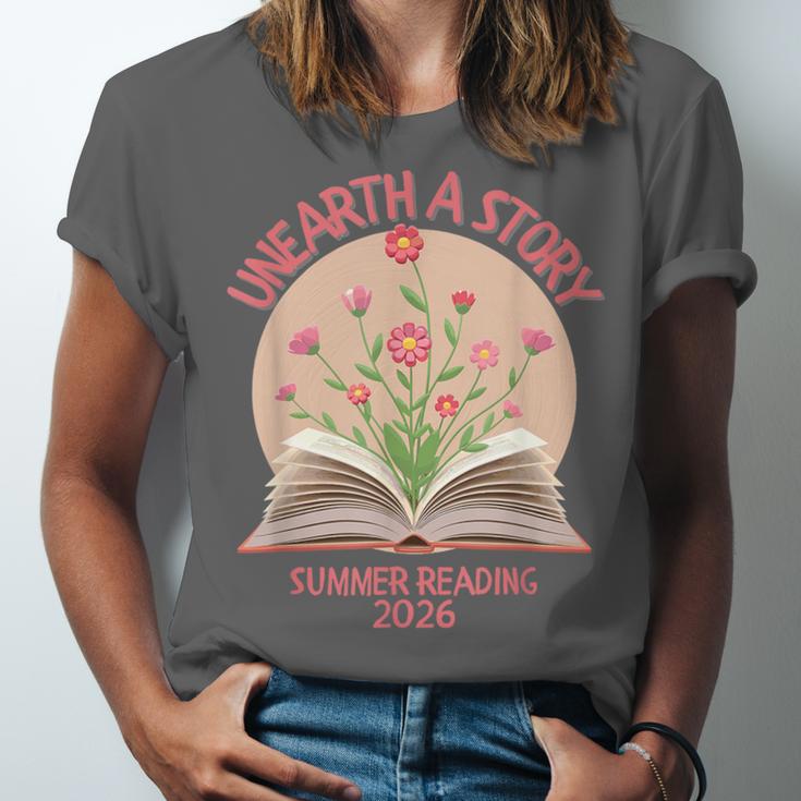 Unearth a Story 2026 Summer Reading Program Flowers Book Unisex Jersey T-Shirt
