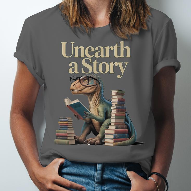 Unearth A Story Dinosaur Reading a Library Book Unisex Jersey T-Shirt