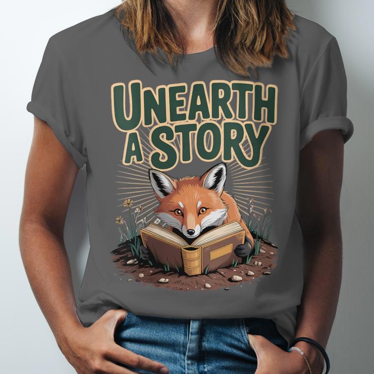 Unearth A Story Fox Reads a Book Unisex Jersey T-Shirt