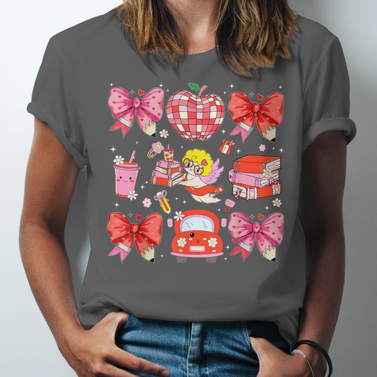 Valentine Cupid Coquette Pink Bow Apple Books Teacher Unisex Jersey T-Shirt Valentine Cupid Coquette Pink Bow Apple Books Teacher Unisex Jersey T-Shirt