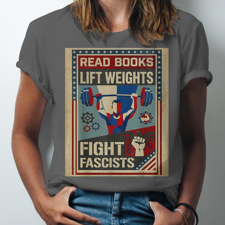 Vintage Style Read Books Lift Weights Fight Fascists Retro Unisex Jersey T-Shirt