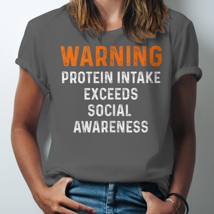 Warning Protein Intake Exceeds Social Awareness Introvert Unisex Jersey T-Shirt Warning Protein Intake Exceeds Social Awareness Introvert Unisex Jersey T-Shirt
