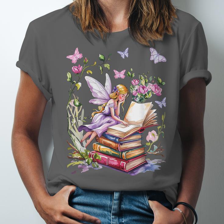 Watercolor Butterfly Fairy Read Book Library Fantasy Novel Unisex Jersey T-Shirt