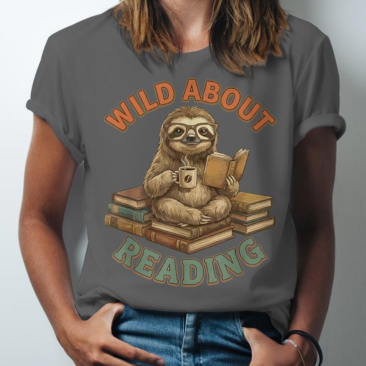 Wild About Reading Sloth Coffee Teacher Book Lover Unisex Jersey T-Shirt