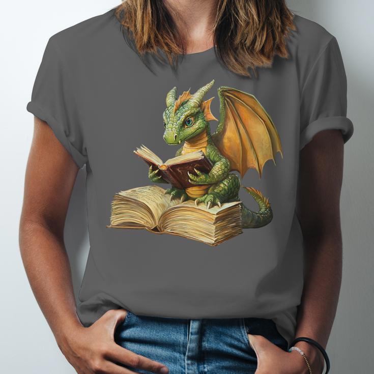 Women's Dragon Bookworm Reading Book Graphic Unisex Jersey T-Shirt