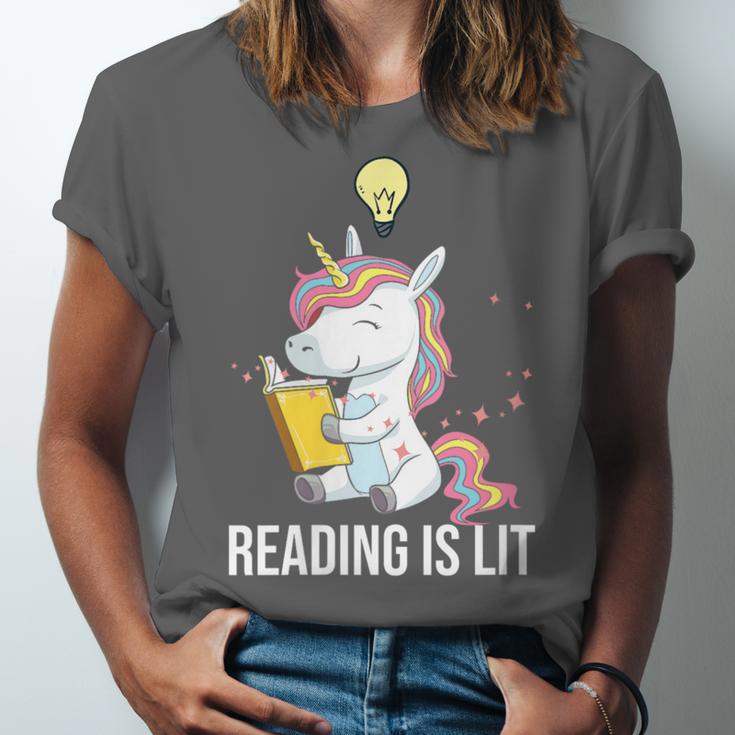 Women's Reading Is Lit Unicorn Library English Teacher Book Lover Unisex Jersey T-Shirt