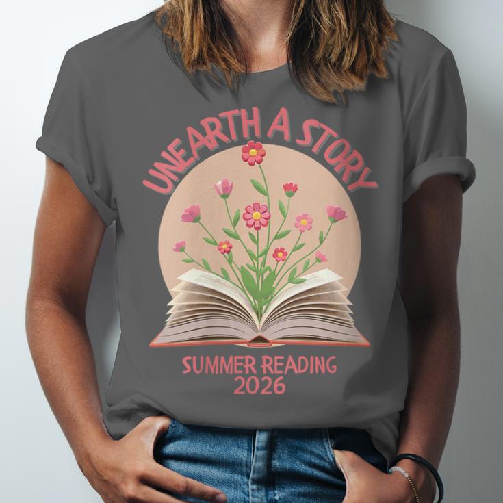 Women's Unearth a Story 2026 Summer Reading Program Flowers Book Unisex Jersey T-Shirt