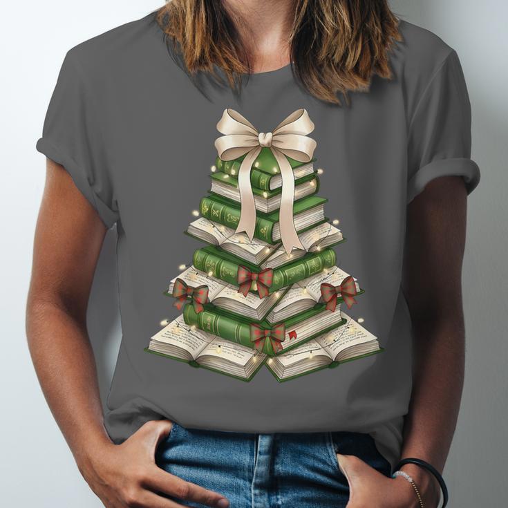 Xmas Tree Books Merry Christmas Coquette Bow Teacher Holiday Unisex Jersey T-Shirt