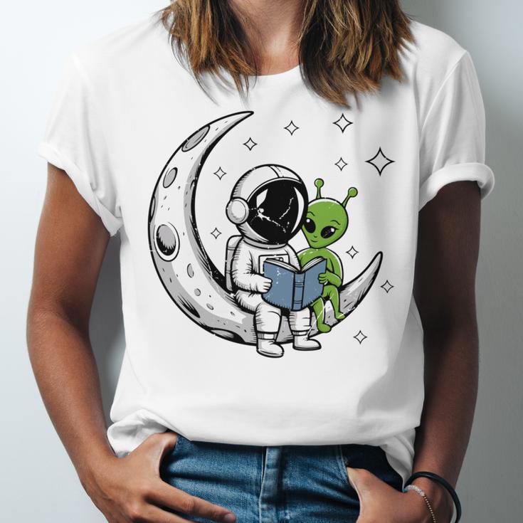 Astronaut Reading Book To Alien Moon Space Astronomy Unisex Jersey T-Shirt
