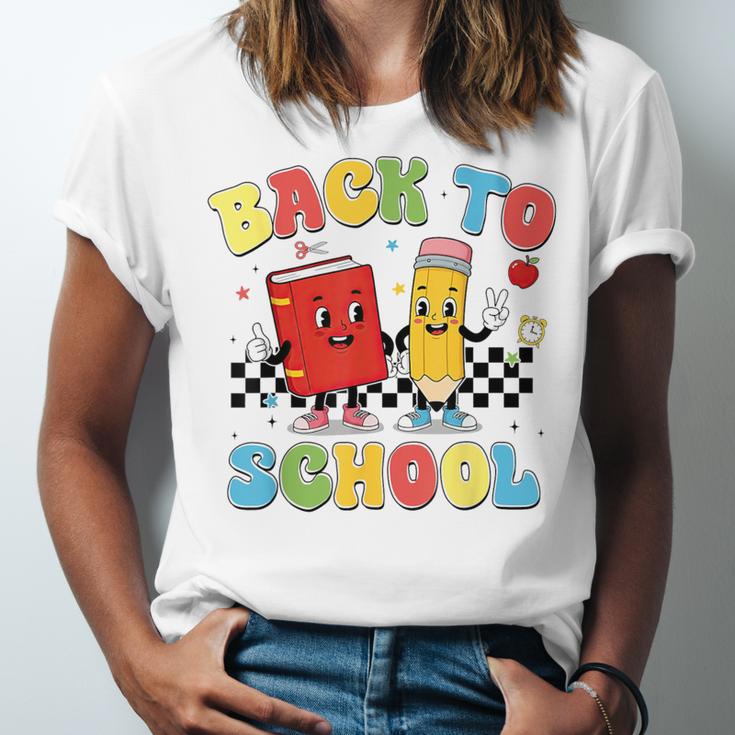 Back To School Checkered Book Pencil Groovy Teacher Student Unisex Jersey T-Shirt Back To School Checkered Book Pencil Groovy Teacher Student Unisex Jersey T-Shirt