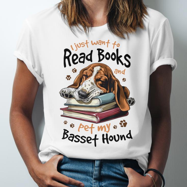 Basset Hound Dog Breed I Just Want To Read Books And Pet My Unisex Jersey T-Shirt