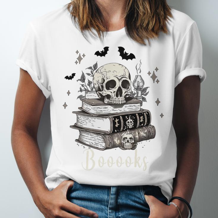 Boo Skeleton Skull Books Halloween Women School Teacher Kid Premium Unisex Jersey T-Shirt