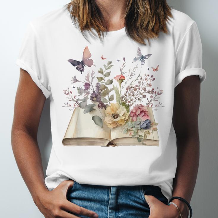 Book Flowers And Butterfly Beautiful Reading Reader Graphic Unisex Jersey T-Shirt