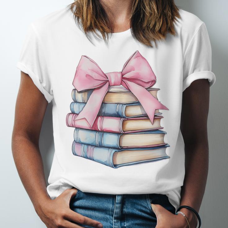 Book Lover Coquette Bow Pink Dainty Ribbon Cute Bookworm Unisex Jersey T-Shirt