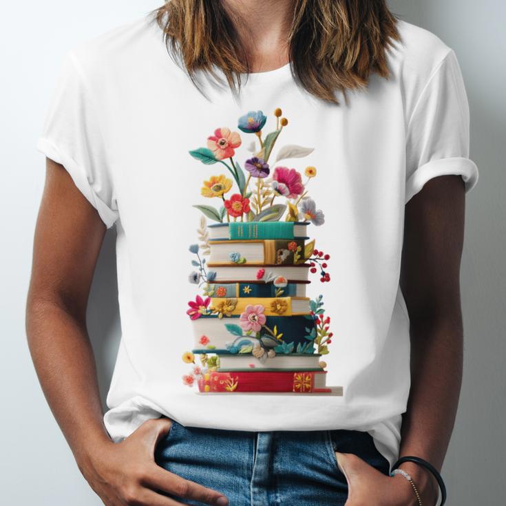 Book Stack With Flowers Reading Lover Bookish Unisex Jersey T-Shirt