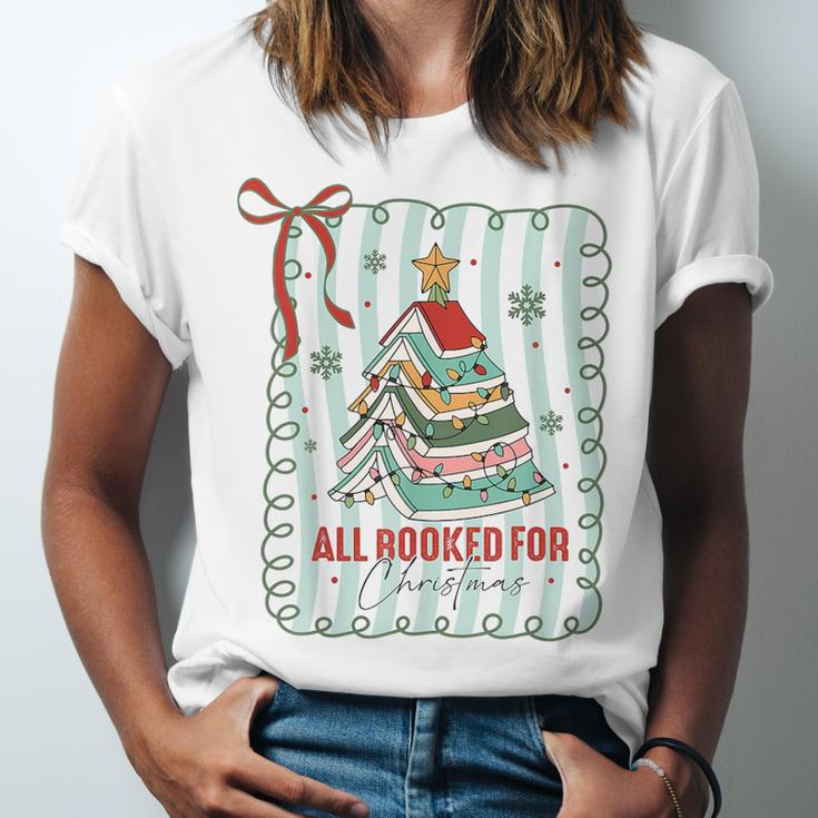 All Booked For Christmas Book Xmas Tree Coquette Bow Lights Unisex Jersey T-Shirt