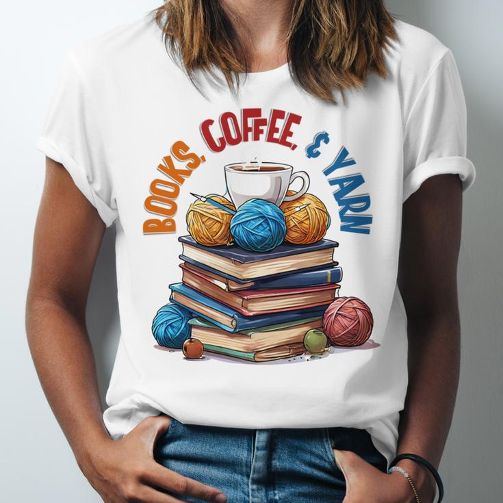 “Books Coffee & Yarn Enthusiast Cozy Reader Unisex Jersey T-Shirt