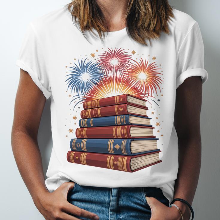 Books Fireworks 4th Of July Bookworm Patriotic Reader Unisex Jersey T-Shirt