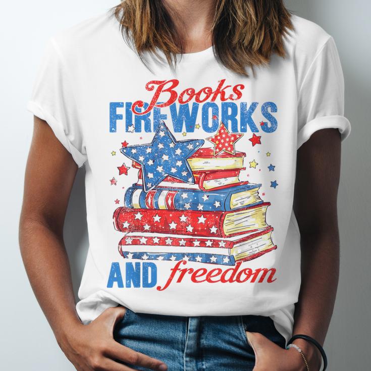 Books Fireworks And Freedom 4th Of July Book Lover Unisex Jersey T-Shirt