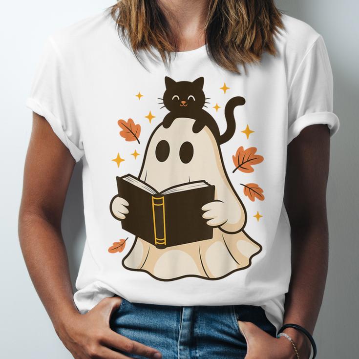 Books Ghost Reading Book Halloween Library Cat Fall Unisex Jersey T-Shirt