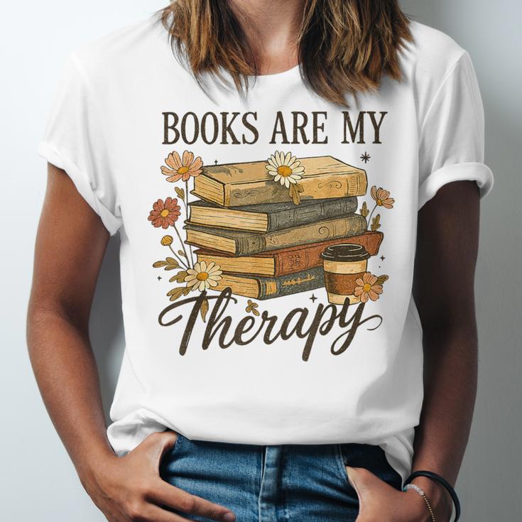 Books Are My Therapy Vintage Book Lover Daisy Art Unisex Jersey T-Shirt