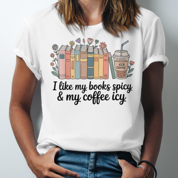I Like My Books Spicy & My Coffee Icy Lover Bookworm Unisex Jersey T-Shirt