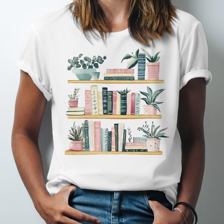 Bookshelves With Books & Plants Premium Unisex Jersey T-Shirt