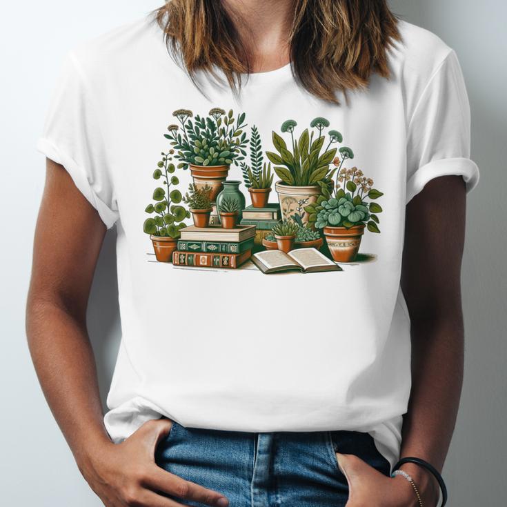 Botanical Garden Plants With Books Unisex Jersey T-Shirt Botanical Garden Plants With Books Unisex Jersey T-Shirt