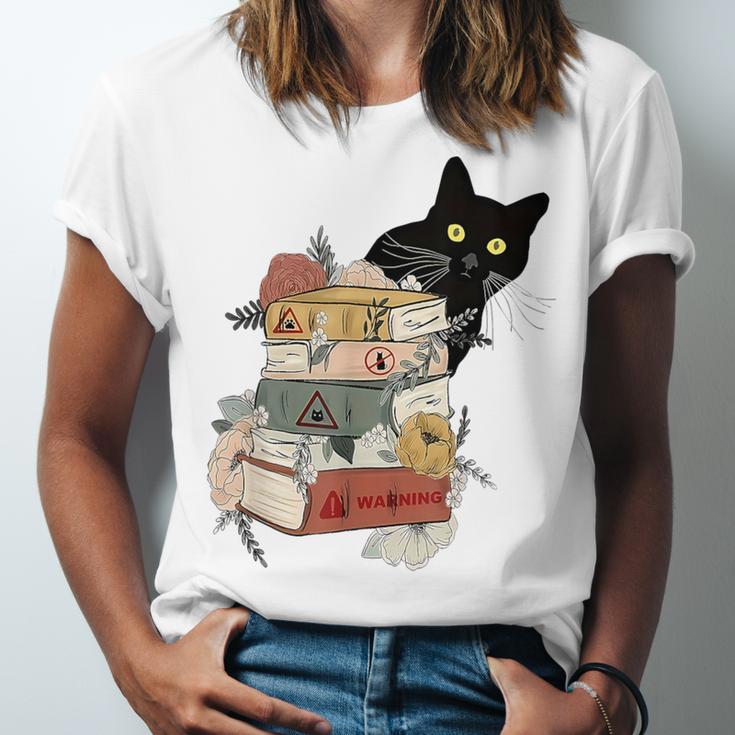 Cat And Books Flowers Reading Club Cat Lover Bookworm Unisex Jersey T-Shirt