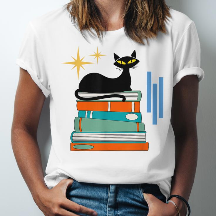 Cat And Books Retro Midcentury Mid Century Aesthetic Unisex Jersey T-Shirt Cat And Books Retro Midcentury Mid Century Aesthetic Unisex Jersey T-Shirt