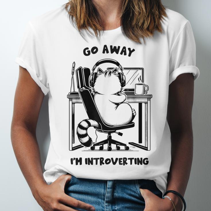 Cat With Coffee On Computer Go Away I'm Introverting Unisex Jersey T-Shirt Cat With Coffee On Computer Go Away I'm Introverting Unisex Jersey T-Shirt