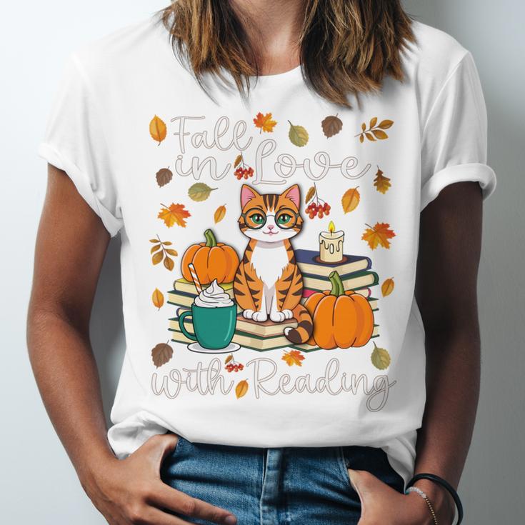 Cat Fall In Love With Reading Book Lover Autumn Unisex Jersey T-Shirt