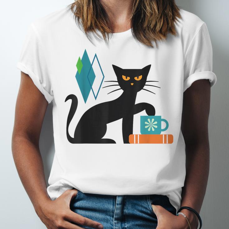 Cat Midcentury With Book And Coffee Atomic Age Mid Century Unisex Jersey T-Shirt Cat Midcentury With Book And Coffee Atomic Age Mid Century Unisex Jersey T-Shirt