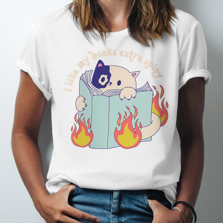 Cat Reading a Romance BookI Like My Books Extra Spicy Unisex Jersey T-Shirt