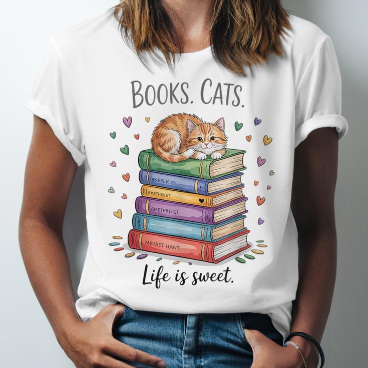 Cats Books Lover Men Women Unisex Jersey T-Shirt