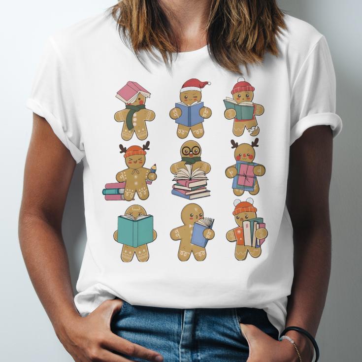Christmas Library Gingerbread Man Books Lover Bookworm Unisex Jersey T-Shirt