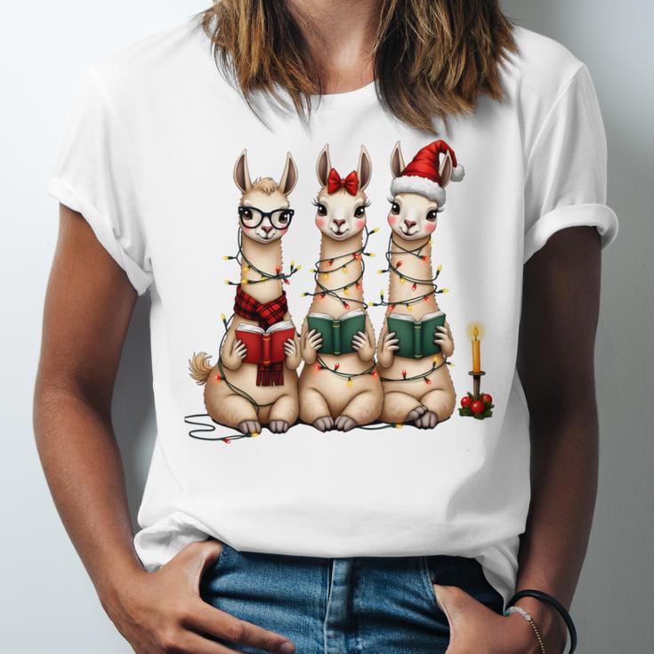 Christmas Three Llamas Reading Reading Books Llama Lover Unisex Jersey T-Shirt