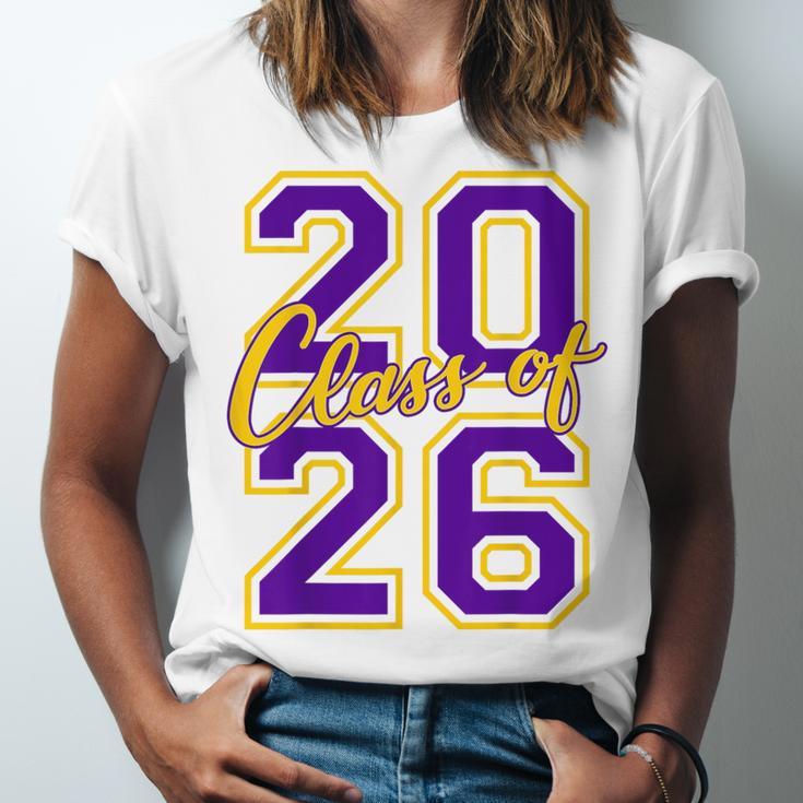 Class Of 2026 Graduation Varsity Purple And Yellow Letters Unisex Jersey T-Shirt