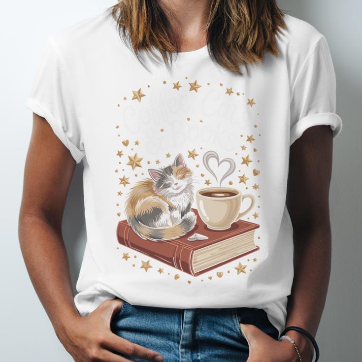 Coffee Cats & Books Cute Cat Book Lover Reading Unisex Jersey T-Shirt